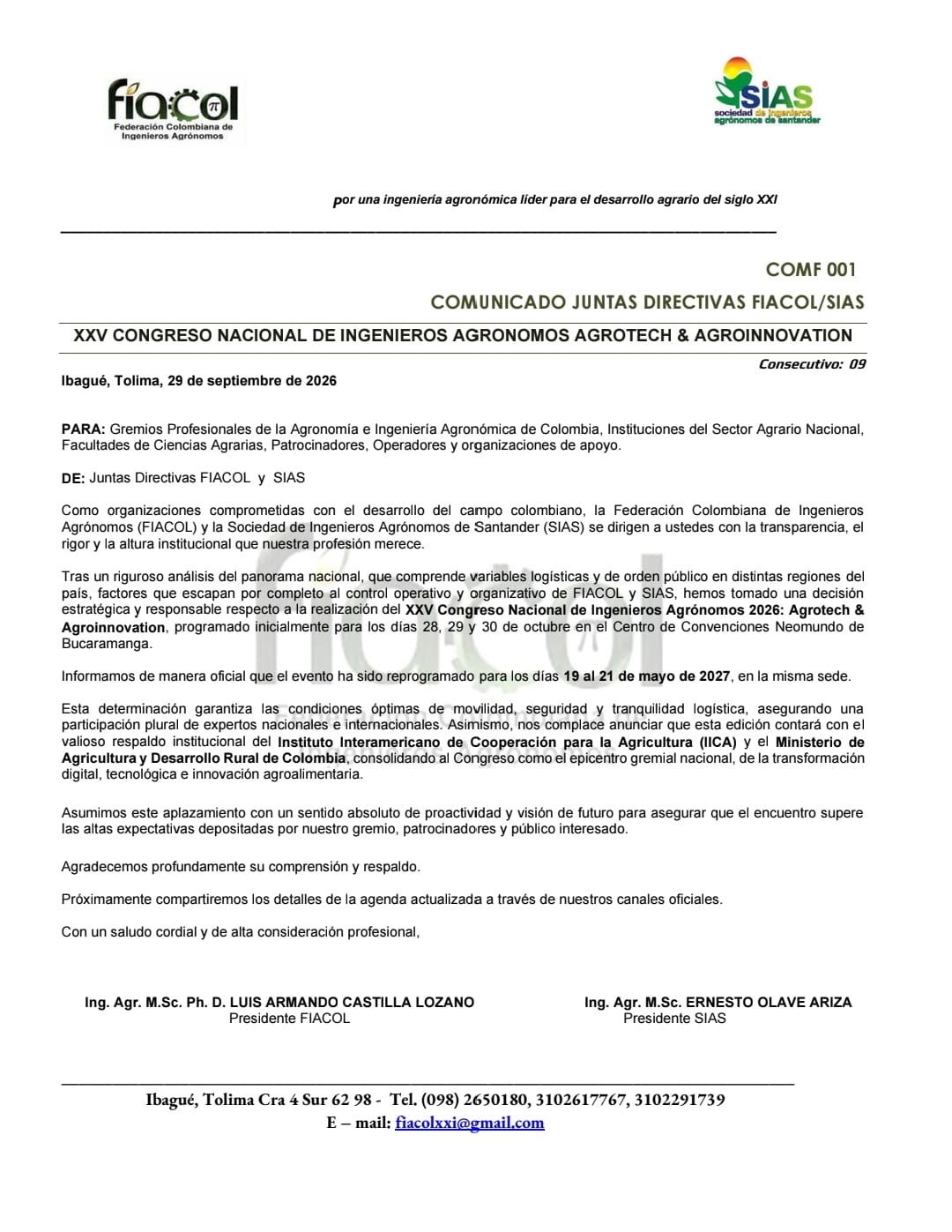 Comunicado oficial FIACOL y SIAS sobre reprogramación del XXV Congreso Nacional de Ingenieros Agrónomos